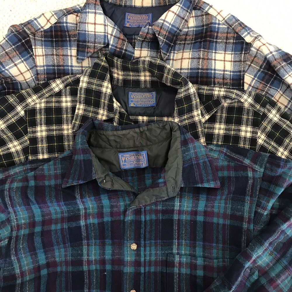 VTG Pendleton Loop Collar Board Shirt Mens Large Wool 60s Shadow Plaid Lot Of 3